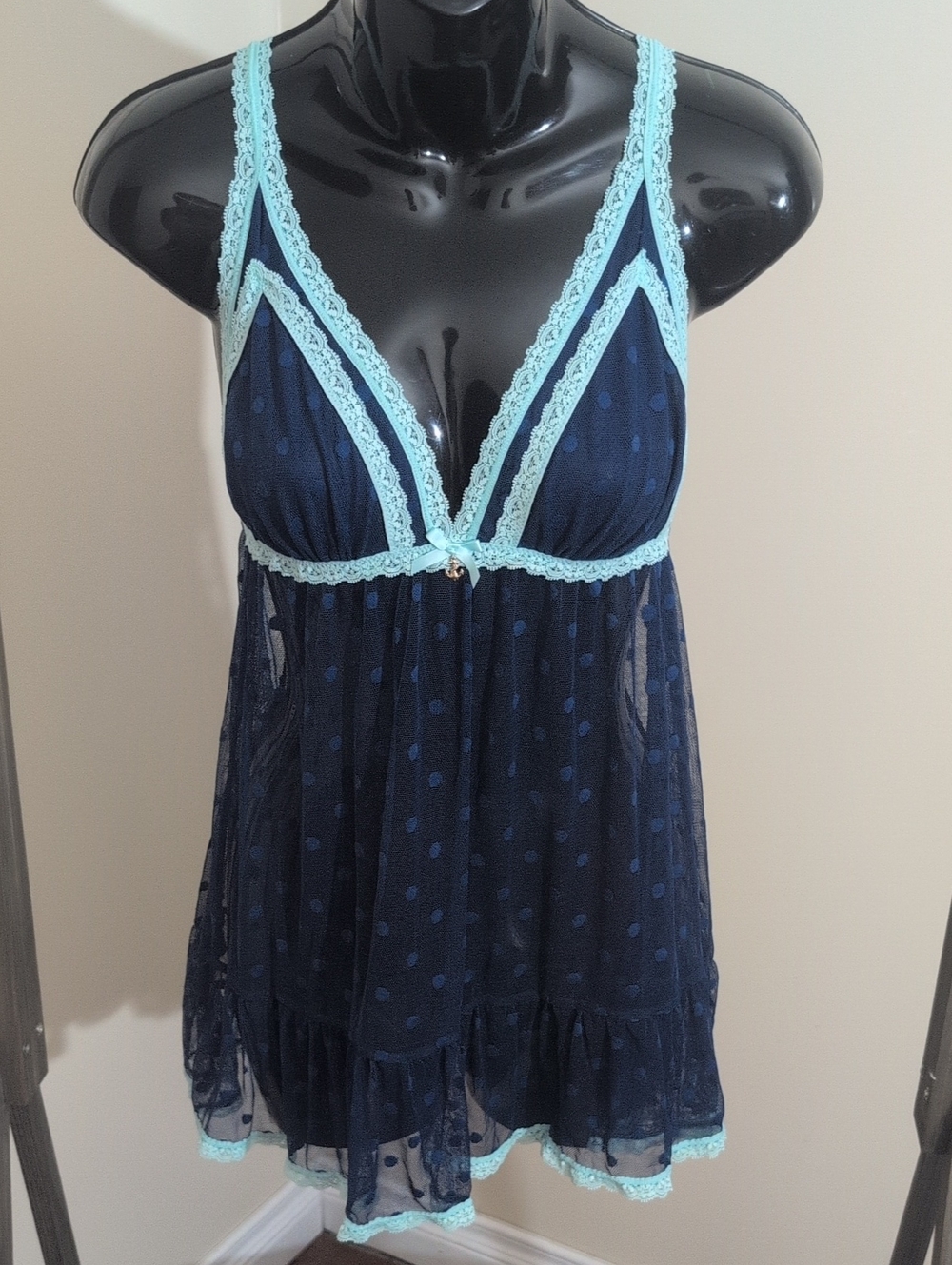 La Vie En Rose | Navy Blue Mesh Babydoll Chemise with Light Blue Lace Trim